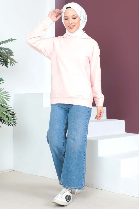 Kapşonlu Kısa Sweatshirt TSD230427 Pembe - 2