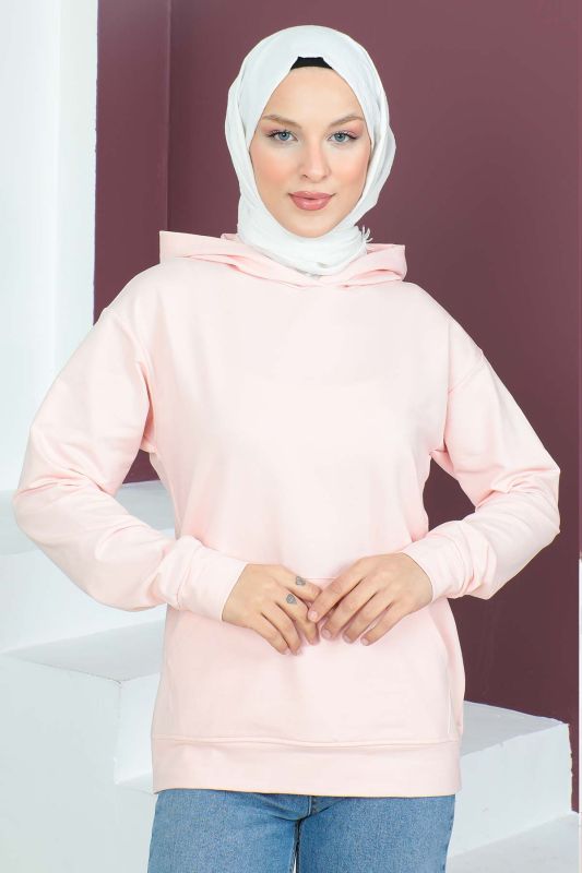 Kapşonlu Kısa Sweatshirt TSD230427 Pembe - 1