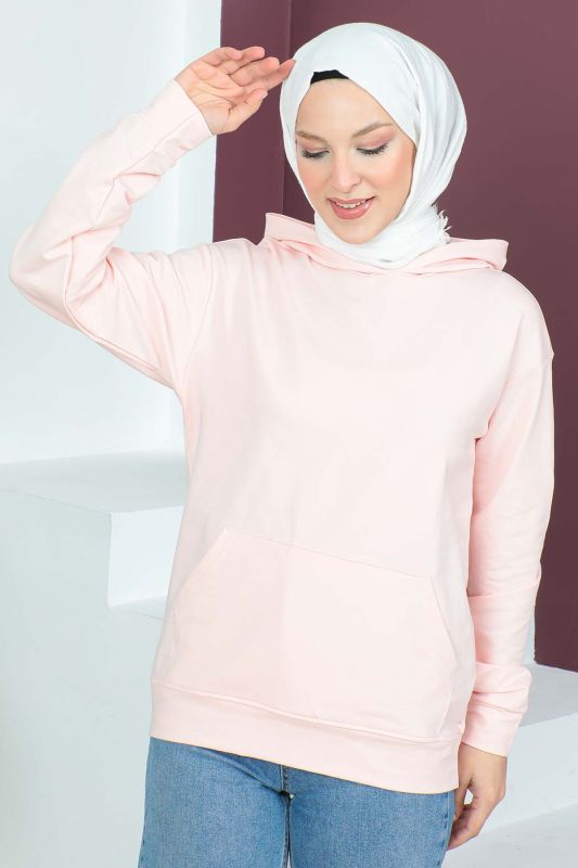 Kapşonlu Kısa Sweatshirt TSD230427 Pembe - 3