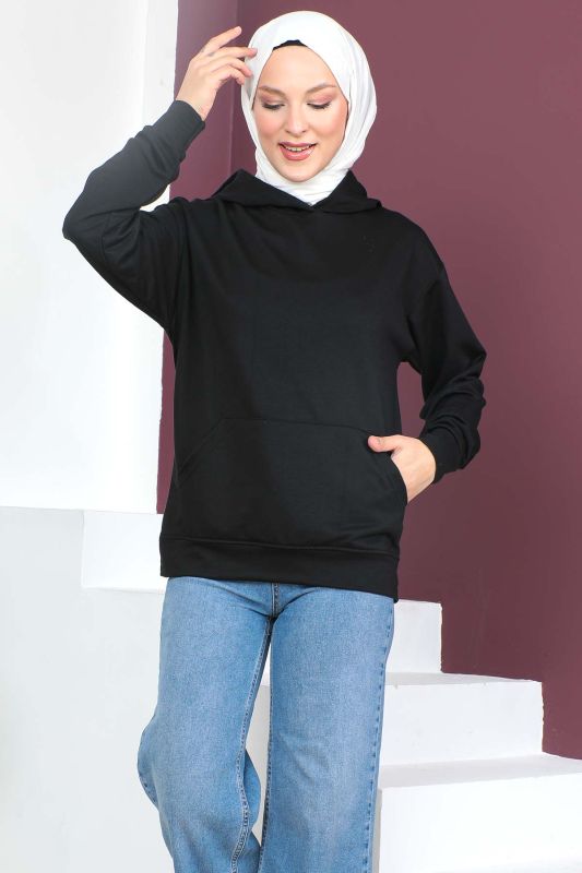 Kapşonlu Kısa Sweatshirt TSD230427 Siyah - 2