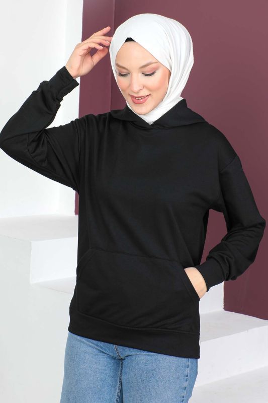 Kapşonlu Kısa Sweatshirt TSD230427 Siyah - 3