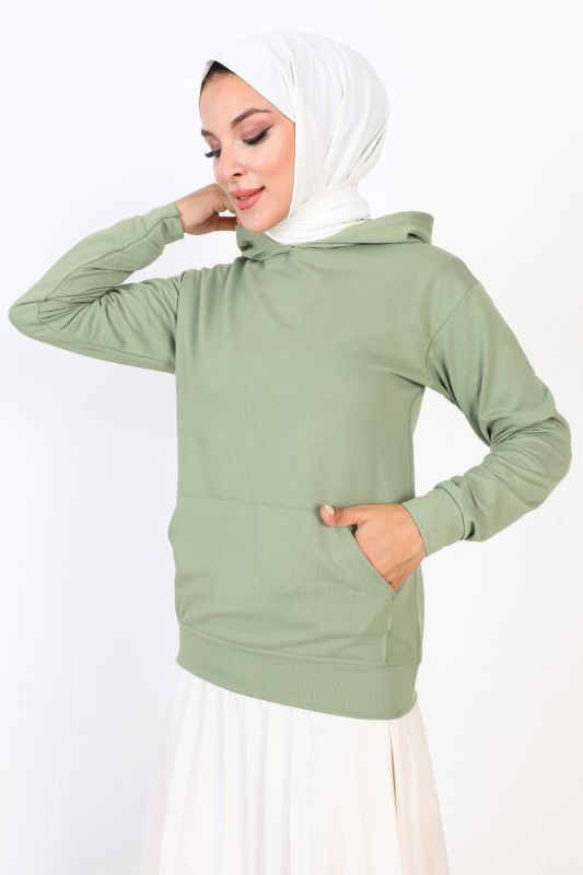 Kapşonlu Kısa Sweatshirt TSD230427 Su Yeşili - 3