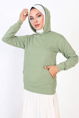 Kapşonlu Kısa Sweatshirt TSD230427 Su Yeşili - 4
