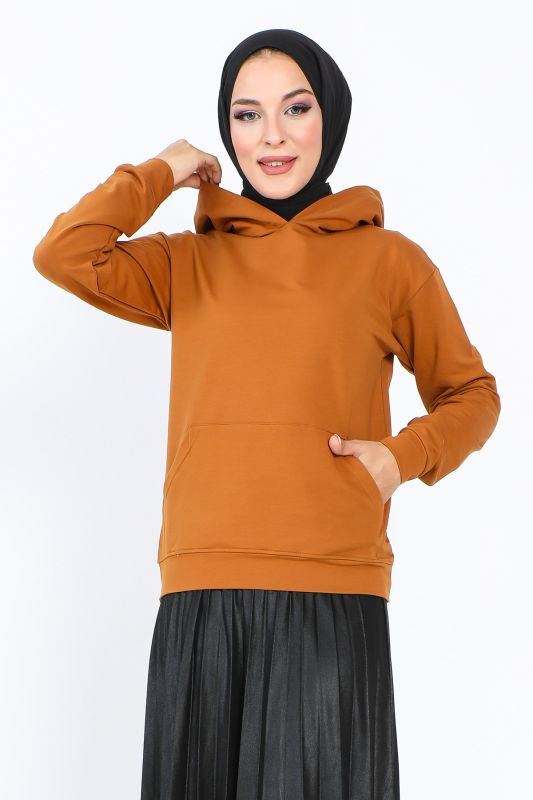 Kapşonlu Kısa Sweatshirt TSD230427 Taba - 1