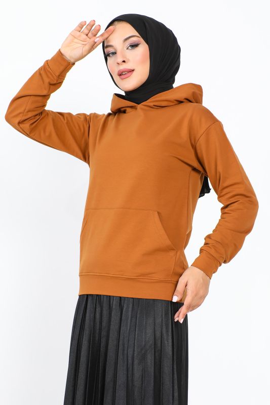 Kapşonlu Kısa Sweatshirt TSD230427 Taba - 3