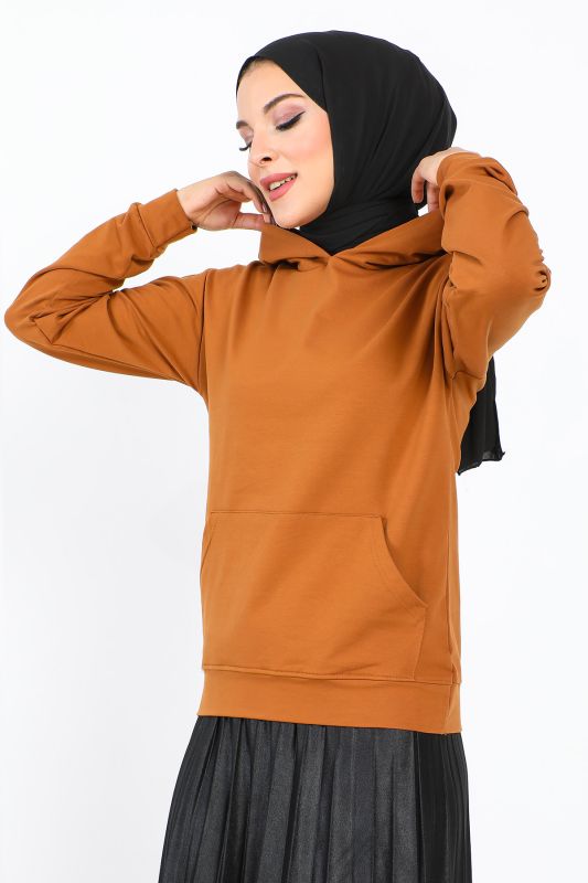 Kapşonlu Kısa Sweatshirt TSD230427 Taba - 4