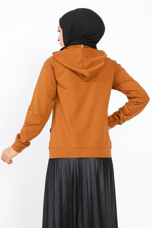 Kapşonlu Kısa Sweatshirt TSD230427 Taba - 5