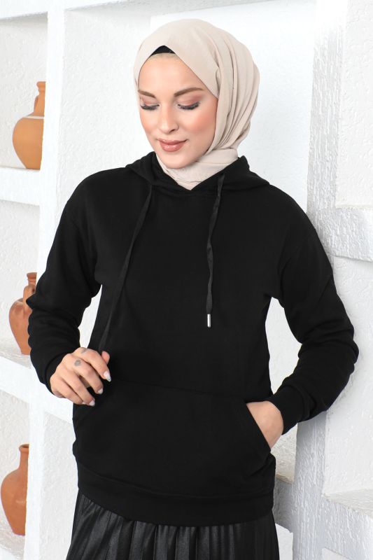 Kapşonlu Sweatshirt TSD230340 Siyah - 1