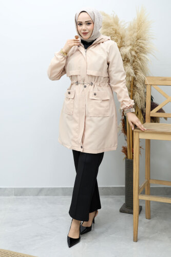 Kapüşonlu Beli Büzgülü Trençkot TSD260148 Bej 