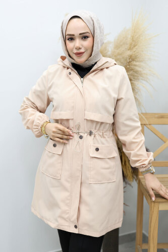 Kapüşonlu Beli Büzgülü Trençkot TSD260148 Bej - 2