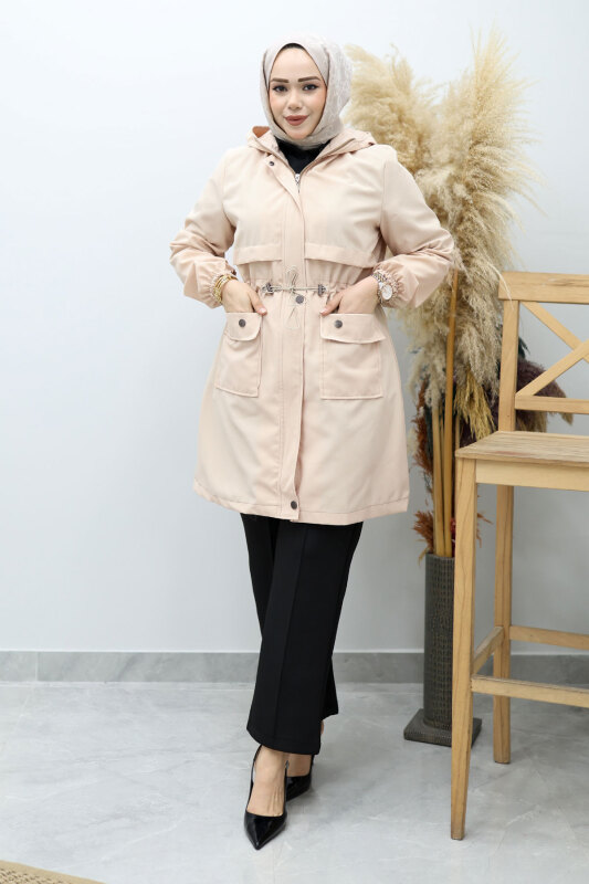 Kapüşonlu Beli Büzgülü Trençkot TSD260148 Bej - 3