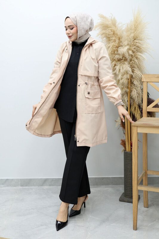 Kapüşonlu Beli Büzgülü Trençkot TSD260148 Bej - 5