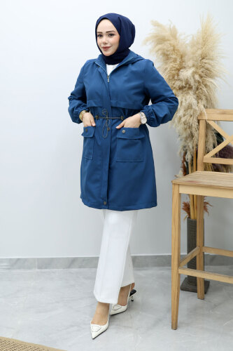 Kapüşonlu Beli Büzgülü Trençkot TSD260148 İndigo - 1