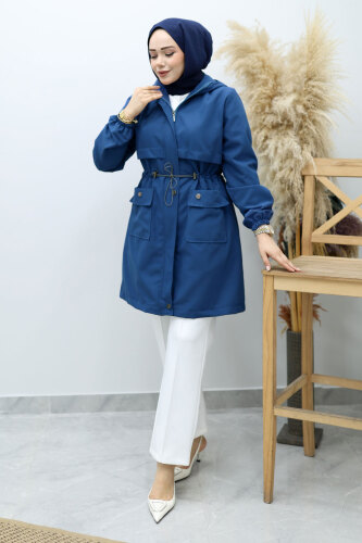 Kapüşonlu Beli Büzgülü Trençkot TSD260148 İndigo - 5
