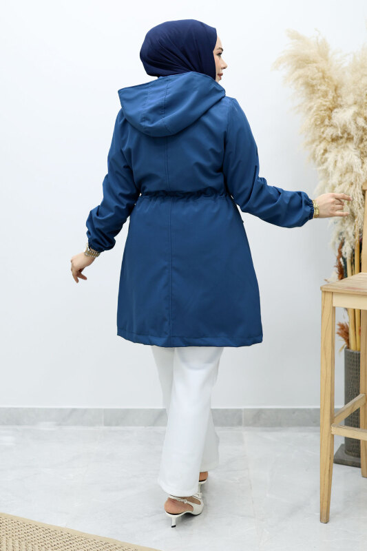 Kapüşonlu Beli Büzgülü Trençkot TSD260148 İndigo - 6