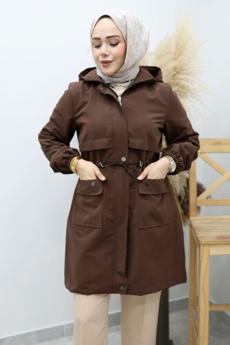 Kapüşonlu Beli Büzgülü Trençkot TSD260148 Kahverengi - 2