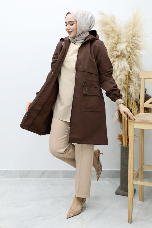 Kapüşonlu Beli Büzgülü Trençkot TSD260148 Kahverengi - 3