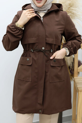 Kapüşonlu Beli Büzgülü Trençkot TSD260148 Kahverengi - 4