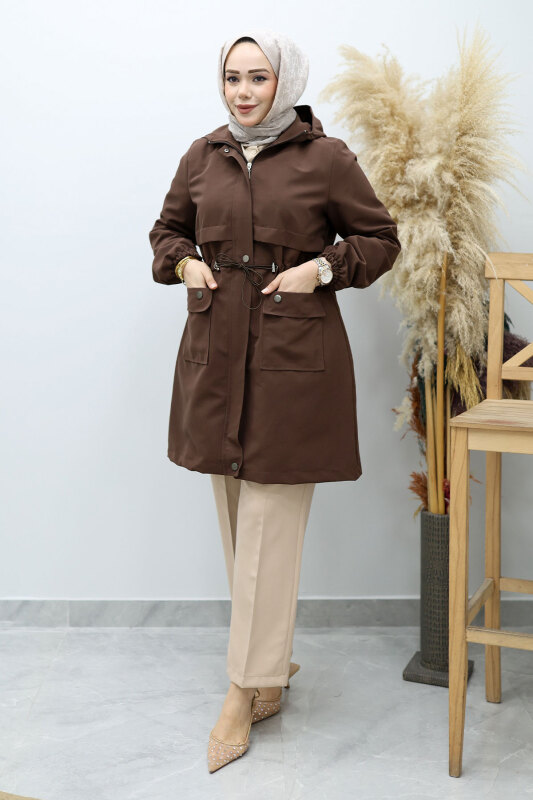 Kapüşonlu Beli Büzgülü Trençkot TSD260148 Kahverengi - 5