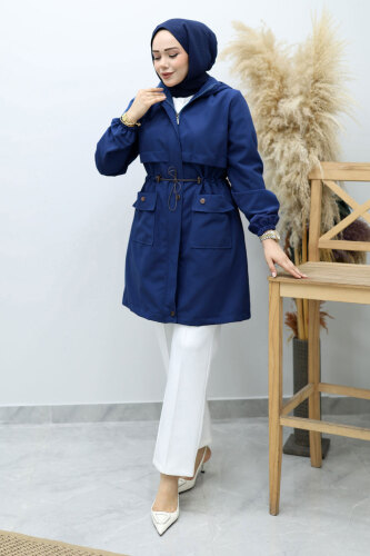 Kapüşonlu Beli Büzgülü Trençkot TSD260148 Lacivert - 1
