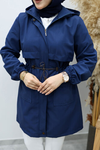 Kapüşonlu Beli Büzgülü Trençkot TSD260148 Lacivert - 2