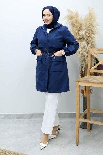 Kapüşonlu Beli Büzgülü Trençkot TSD260148 Lacivert - 3