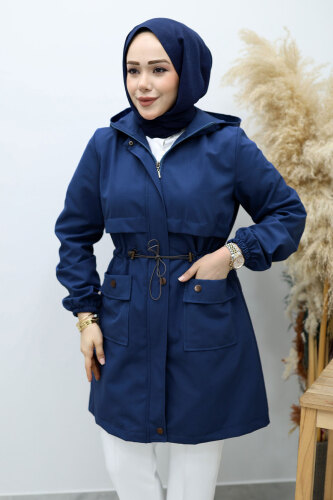 Kapüşonlu Beli Büzgülü Trençkot TSD260148 Lacivert - 4