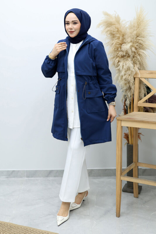 Kapüşonlu Beli Büzgülü Trençkot TSD260148 Lacivert - 5