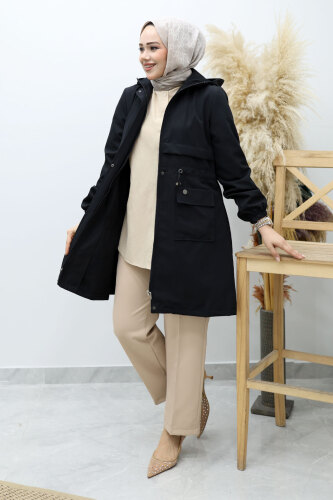 Kapüşonlu Beli Büzgülü Trençkot TSD260148 Siyah - 3