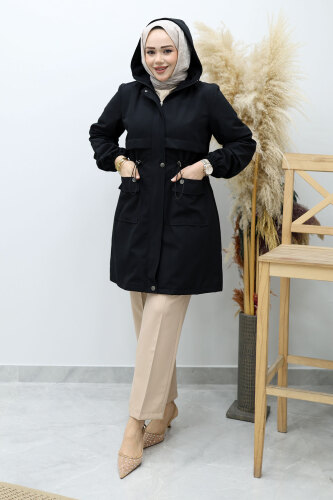 Kapüşonlu Beli Büzgülü Trençkot TSD260148 Siyah - 5