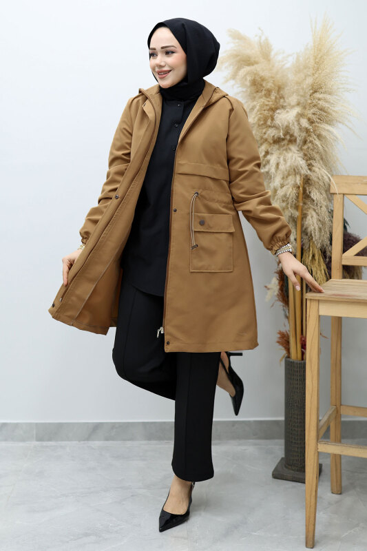Kapüşonlu Beli Büzgülü Trençkot TSD260148 Taba - 5