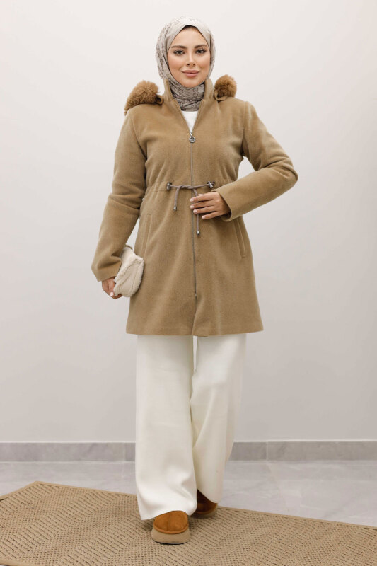 Kapüşonlu Fermuarlı Fox Kaban TSD250238 Camel - 3
