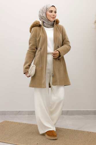Kapüşonlu Fermuarlı Fox Kaban TSD250238 Camel - 5