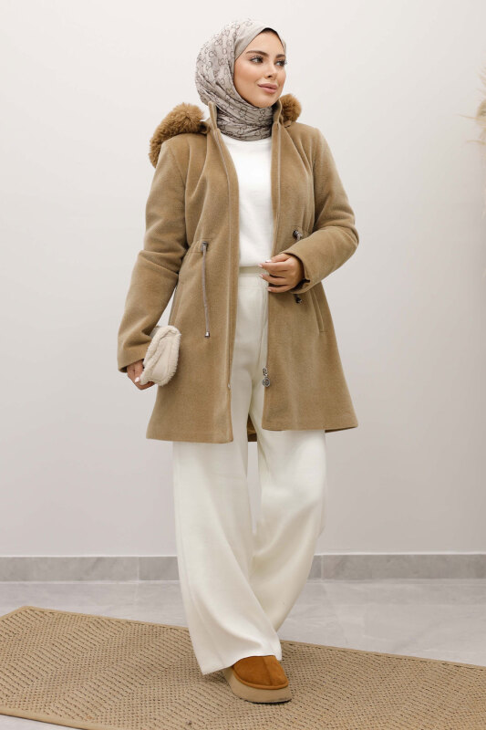 Kapüşonlu Fermuarlı Fox Kaban TSD250238 Camel - 5