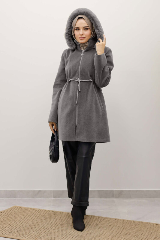 Kapüşonlu Fermuarlı Fox Kaban TSD250238 Gri - Tesettür Dünyası