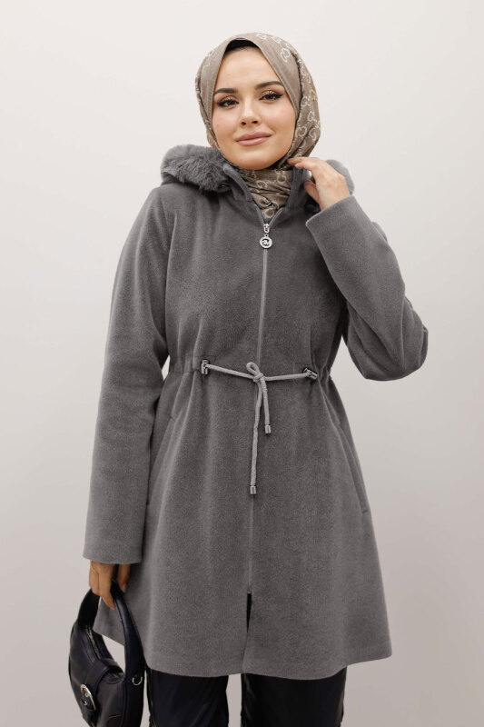 Kapüşonlu Fermuarlı Fox Kaban TSD250238 Gri - Tesettür Dünyası (1)