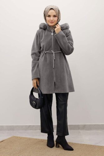 Kapüşonlu Fermuarlı Fox Kaban TSD250238 Gri - 3