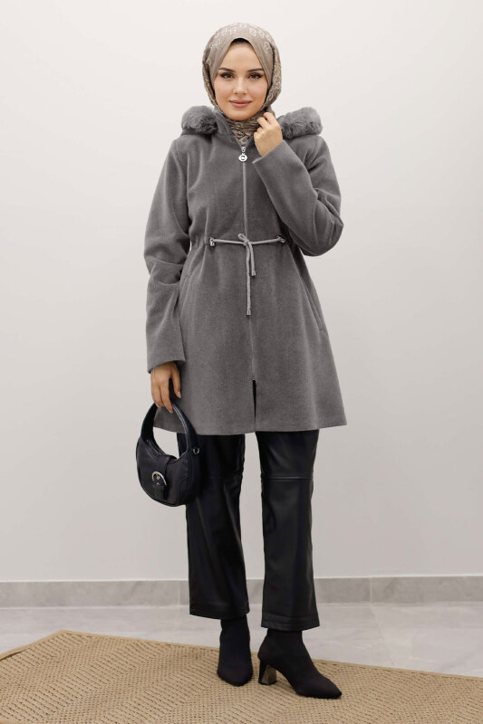 Kapüşonlu Fermuarlı Fox Kaban TSD250238 Gri - 3