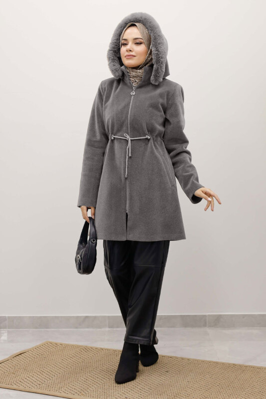 Kapüşonlu Fermuarlı Fox Kaban TSD250238 Gri - 4