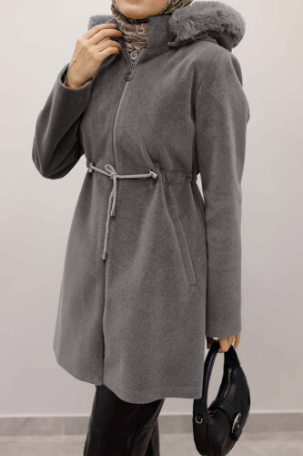 Kapüşonlu Fermuarlı Fox Kaban TSD250238 Gri - 5