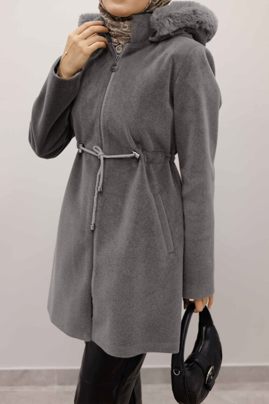 Kapüşonlu Fermuarlı Fox Kaban TSD250238 Gri - 5