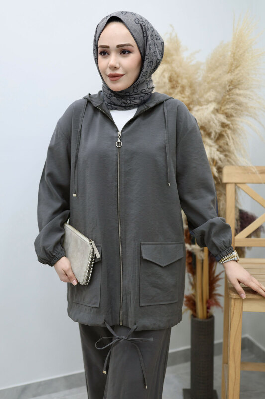 Kapüşonlu Fermuarlı İkili Takım TSD260132 Füme - Tesettür Dünyası (1)