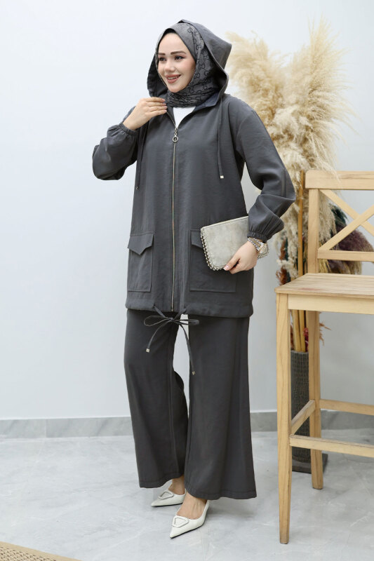 Kapüşonlu Fermuarlı İkili Takım TSD260132 Füme - 3