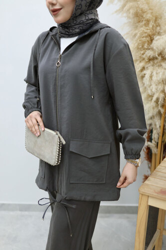 Kapüşonlu Fermuarlı İkili Takım TSD260132 Füme - 4