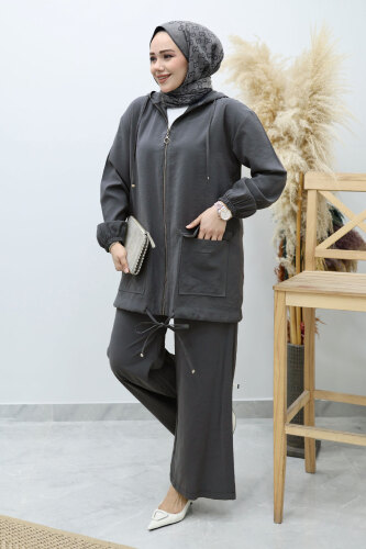 Kapüşonlu Fermuarlı İkili Takım TSD260132 Füme - 5