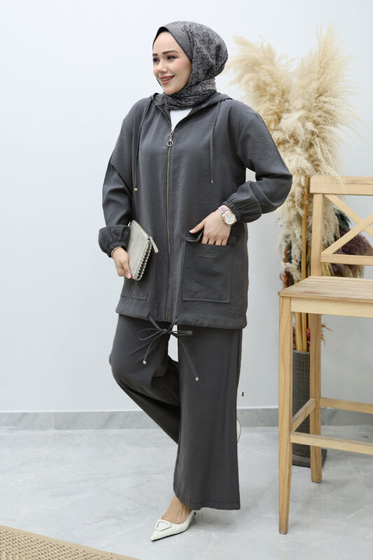 Kapüşonlu Fermuarlı İkili Takım TSD260132 Füme - 5