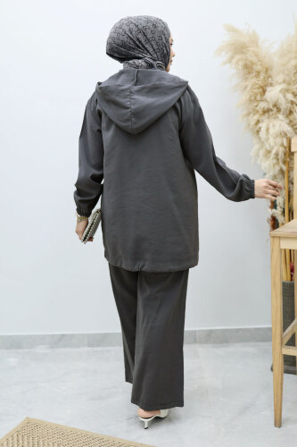 Kapüşonlu Fermuarlı İkili Takım TSD260132 Füme - 6