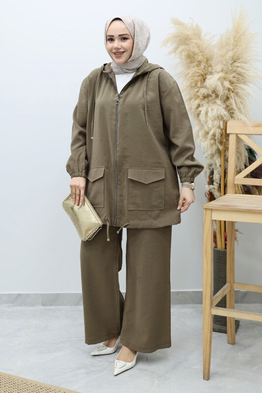 Kapüşonlu Fermuarlı İkili Takım TSD260132 Haki - Tesettür Dünyası