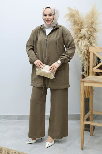 Kapüşonlu Fermuarlı İkili Takım TSD260132 Haki - 3