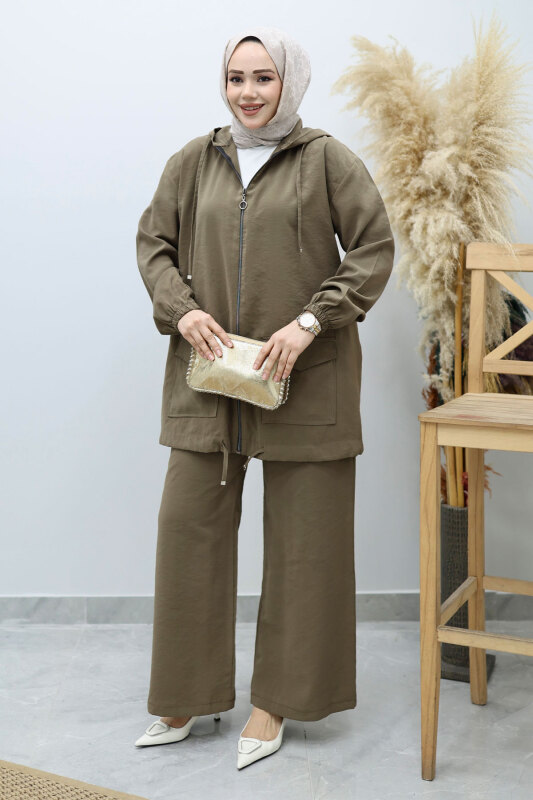 Kapüşonlu Fermuarlı İkili Takım TSD260132 Haki - 3